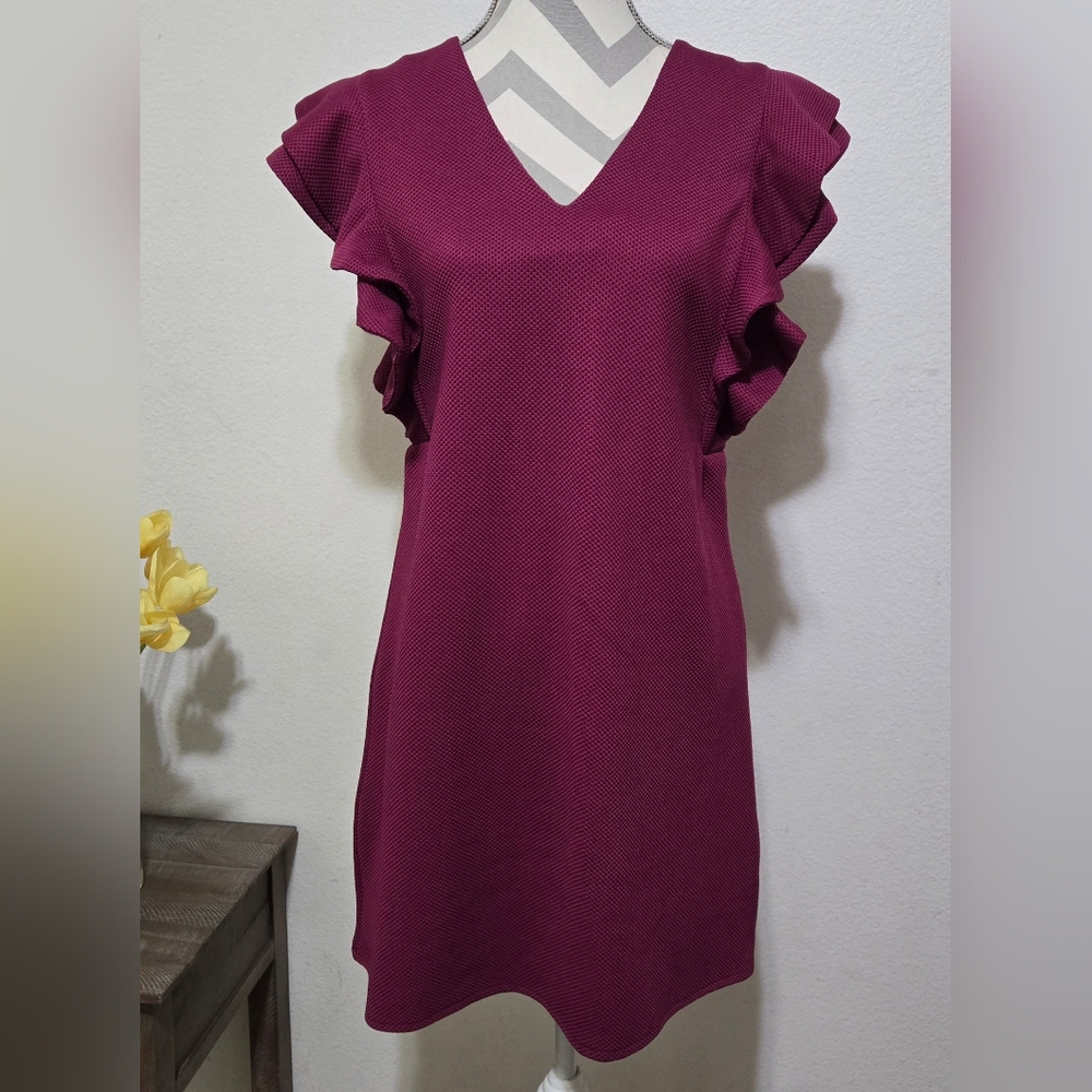 SHE + SKY Magenta Ruffle Short Sleeve V-Neck Dress Size Large - Picture 2 of 11